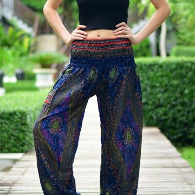 Bohotusk Navy Blue Moonshine Print Élastique Smocked Waist Womens Harem Pants), 2XL / 3XL (Taille 18 - 20)