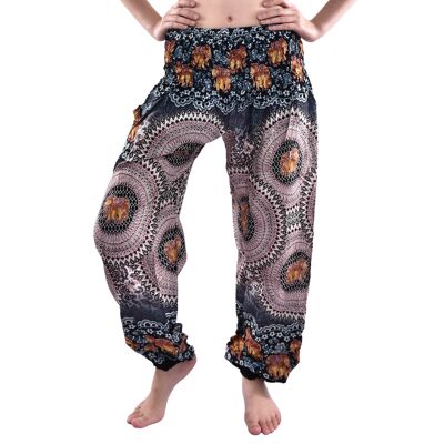 Bohotusk Black Pink Elephant Genie Print Elástico Smocked Cintura Mujeres Harem Pantalones, Pequeño / Mediano (Talla 8 - 12)