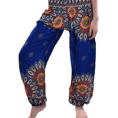 Bohotusk - Pantalones de harén con cintura fruncida elástica y estampado de flores tailandeses en verde azulado, solo S/M