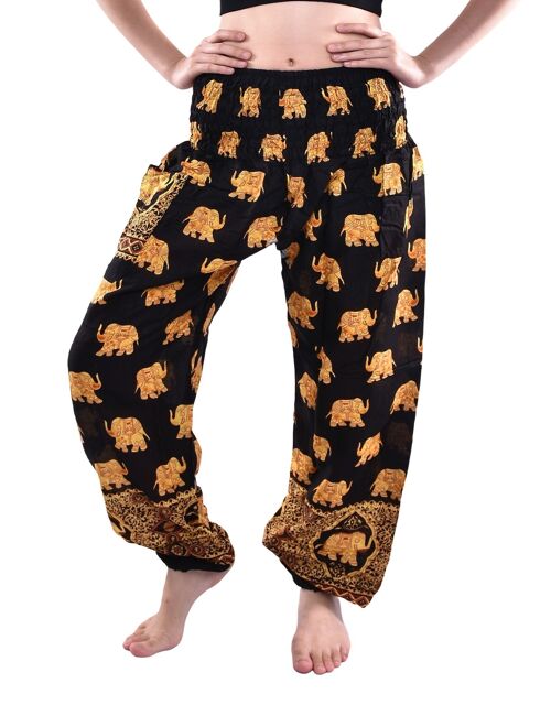 Bohotusk Royal Black Elephant Print Elasticated Smocked Waist Womens Harem Pants , Small / Medium (Size 8 - 12)