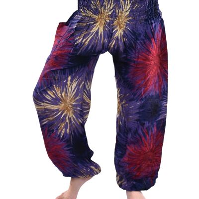 Pantalones bombachos para mujer Bohotusk con estampado de fuegos artificiales en azul marino y cintura elástica, talla pequeña/mediana (talla 8 - 12)
