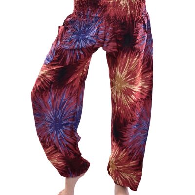 Bohotusk Maroon Firework Print Pantalones elásticos con cintura fruncida para mujer, pequeño/mediano (talla 8 - 12)