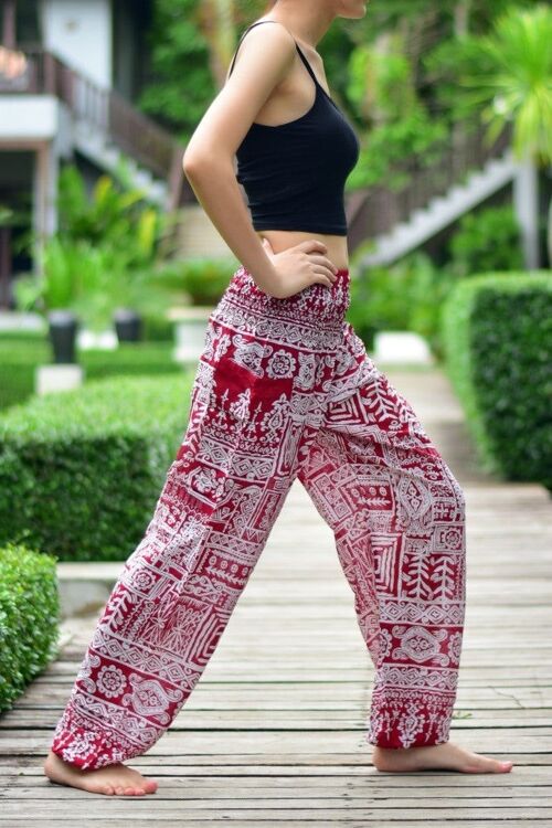 Bohotusk Red Forest Print Elasticated Smocked Waist Womens Harem Pants , Small / Medium (Size 8 - 12)