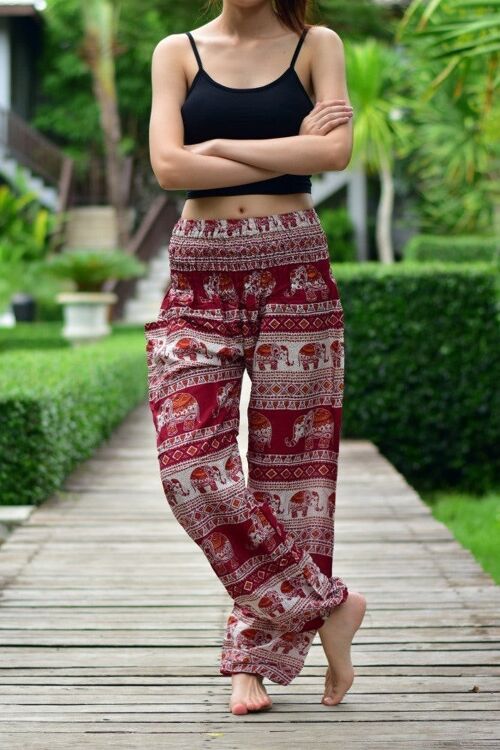 Bohotusk Red Elephant Savannah Print Elasticated Smocked Waist Womens Harem Pants , Small / Medium (Size 8 - 12)