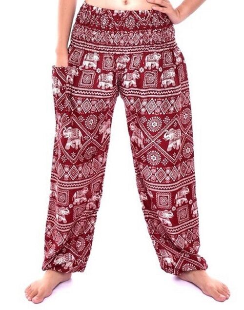 Bohotusk Kids Red Elephant Print Elasticated Smocked Waist Harem Pants , (9 - 12 Years)