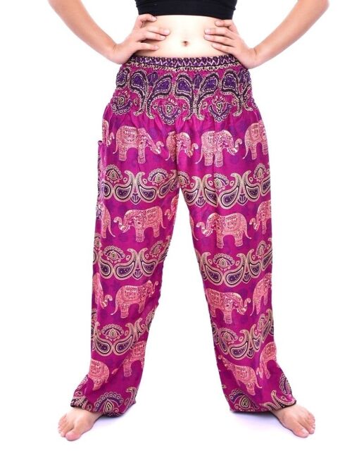 Bohotusk Pink Elephant Grassland Print Elasticated Smocked Waist Womens Harem Trousers Alternative Maternity Trouser , One Size (20 - 42 inch Wait)