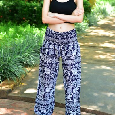 Bohotusk Navy Blue Elephant Print Elasticated Smocked Waist Womens Harem Pants , Small / Medium (Size 8 - 12)