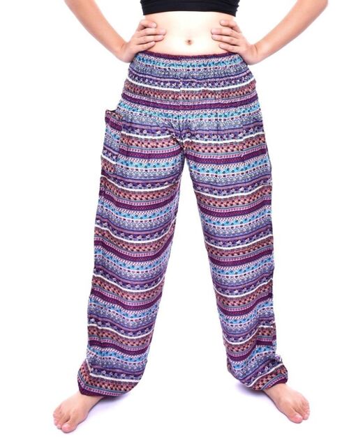 Bohotusk Purple Chill Stripe Print Elasticated Smocked Waist Womens Harem Pants , Large / X-Large (Size 14 - 18)