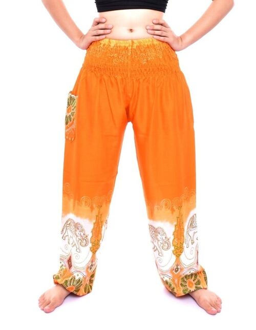 Bohotusk Orange Elephant Boro Print Elasticated Smocked Waist Womens Harem Pants , Small / Medium (Size 8 - 12)