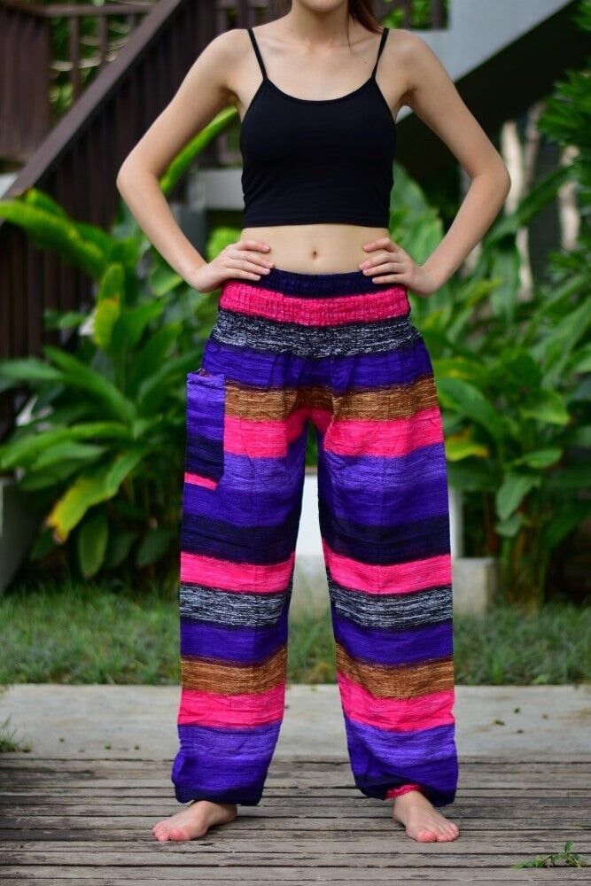 Bohotusk Pink Multi Stripe Print Elasticated Smocked Waist Womens Harem Pants , Small / Medium (Size 8 - 12)
