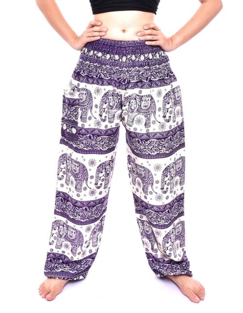 Bohotusk Purple Elephant Herd Print Elasticated Smocked Waist Womens Harem Pants , Small / Medium (Size 8 - 12)