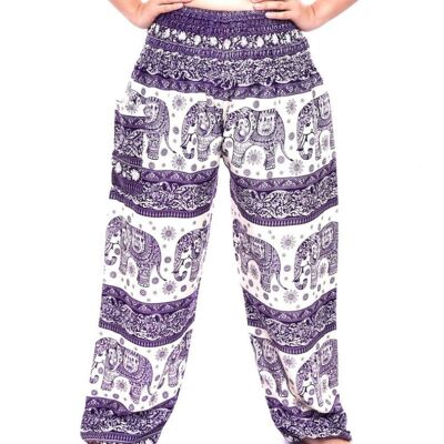 Bohotusk Purple Elephant Herd Print Elástico Smocked Cintura Mujer Harem Pantalones, Pequeño / Mediano (Talla 8 - 12)