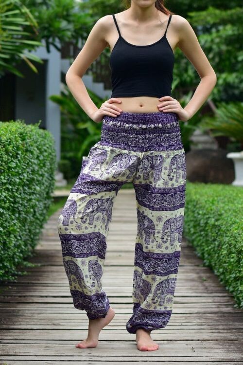 Bohotusk Purple Elephant Herd Print Elasticated Smocked Waist Womens Harem Pants , Large / X-Large (Size 14 - 18)