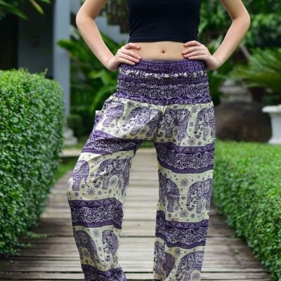 Bohotusk Purple Elephant Herd Print Elástico Smocked Waist Womens Harem Pantalones, Large / X-Large (Talla 14 - 18)