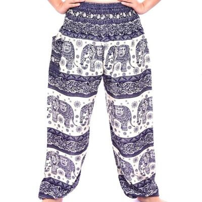 Bohotusk Navy Blue Elephant Herd Print Elasticated Smocked Waist Womens Harem Pants , Small / Medium (Size 8 - 12)