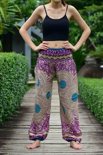 Bohotusk Purple Garden Swirl Print Pantalon sarouel pour femme à taille smockée élastiquée jusqu'à 3XL, Small / Medium (Taille 8 - 12) 1