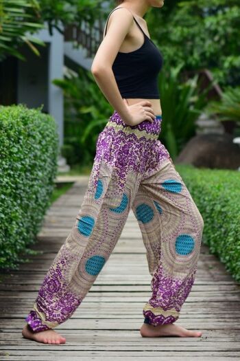 Bohotusk Purple Garden Swirl Print Pantalon sarouel pour femme à taille smockée élastiquée jusqu'à 3XL, Small / Medium (Taille 8 - 12) 8