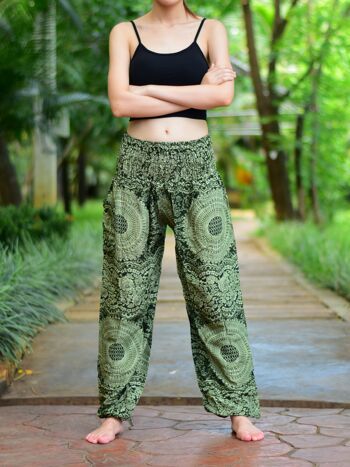 Bohotusk Olive Green Night Glow Print Pantalon sarouel pour femme à taille smockée élastiquée, Large / X-Large (Taille 14 - 16) 3