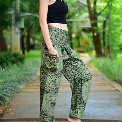 Bohotusk Olive Green Night Glow Print Pantalon sarouel pour femme à taille smockée élastiquée, 2XL / 3XL (Taille 18 - 20)