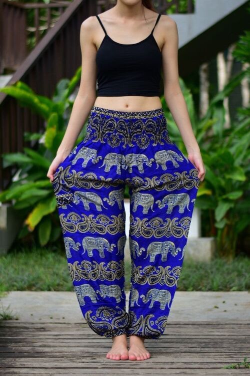 Bohotusk Blue Elephant Grassland Print Elasticated Smocked Waist Womens Harem Pants , Large / X-Large (Size 14 - 18)