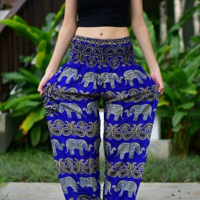 Bohotusk Blue Elephant Grassland Print Elasticated Smocked Waist Womens Harem Pants , Large / X-Large (Size 14 - 18)