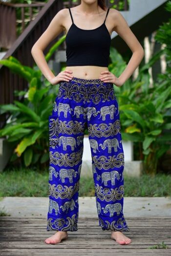 Bohotusk Blue Elephant Grassland Print Pantalon sarouel pour femme à taille smockée élastiquée, Large / X-Large (Taille 14 - 18) 2