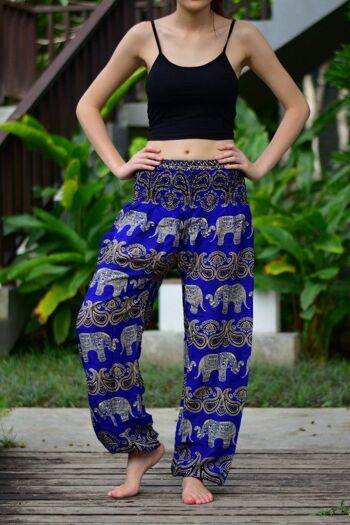 Bohotusk Blue Elephant Grassland Print Pantalon sarouel pour femme à taille smockée élastiquée, Large / X-Large (Taille 14 - 18) 4