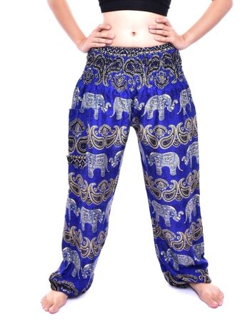 Bohotusk Blue Elephant Grassland Print Pantalon sarouel pour femme à taille smockée élastiquée, Large / X-Large (Taille 14 - 18) 5