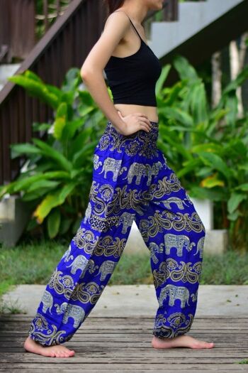 Bohotusk Blue Elephant Grassland Print Pantalon sarouel pour femme à taille smockée élastiquée, Large / X-Large (Taille 14 - 18) 6