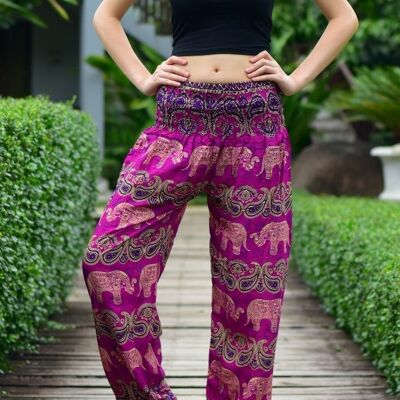Bohotusk Pink Elephant Grassland Print Pantalones bombachos elásticos con cintura fruncida para mujer, 2XL / 3XL (Talla 18 - 22)