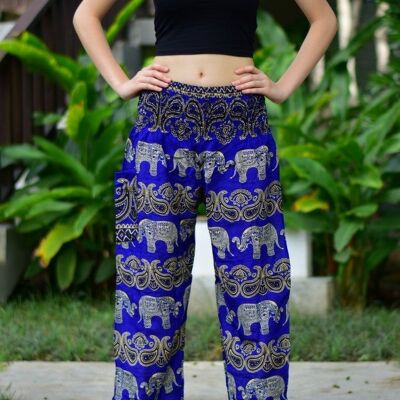 Bohotusk Blue Elephant Grassland Print Elástico Smocked Cintura Mujer Petite Fit Harem Pantalones, Petite Fit (16 - 36 pulgadas de cintura)