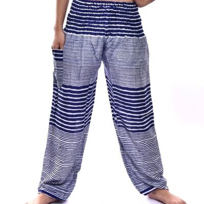 Bohotusk Azul marino Patch Stripe Print Elástico Smocked Cintura Mujer Petite Fit Harem Pantalones, Petite Fit (16 - 36 pulgadas de cintura)