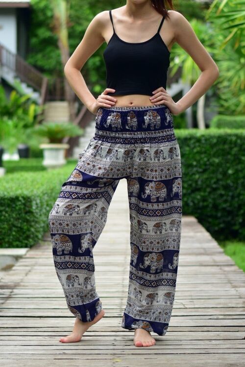 Bohotusk Navy Blue Elephant Savannah Print Elasticated Smocked Waist Womens Harem Pants - Navy Blue , Small / Medium (Size 8 - 12)