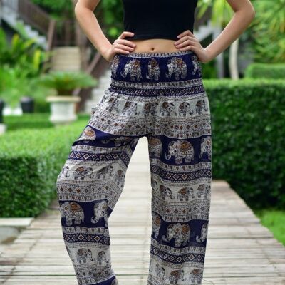 Bohotusk Navy Blue Elephant Savannah Print Elasticated Smocked Waist Womens Harem Pants - Navy Blue , Small / Medium (Size 8 - 12)