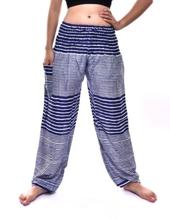 Bohotusk Bleu Marine Patch Stripe Print Élastique Smocked Taille Womens Harem Pantalon, Small / Medium (Taille 8 - 12) 3