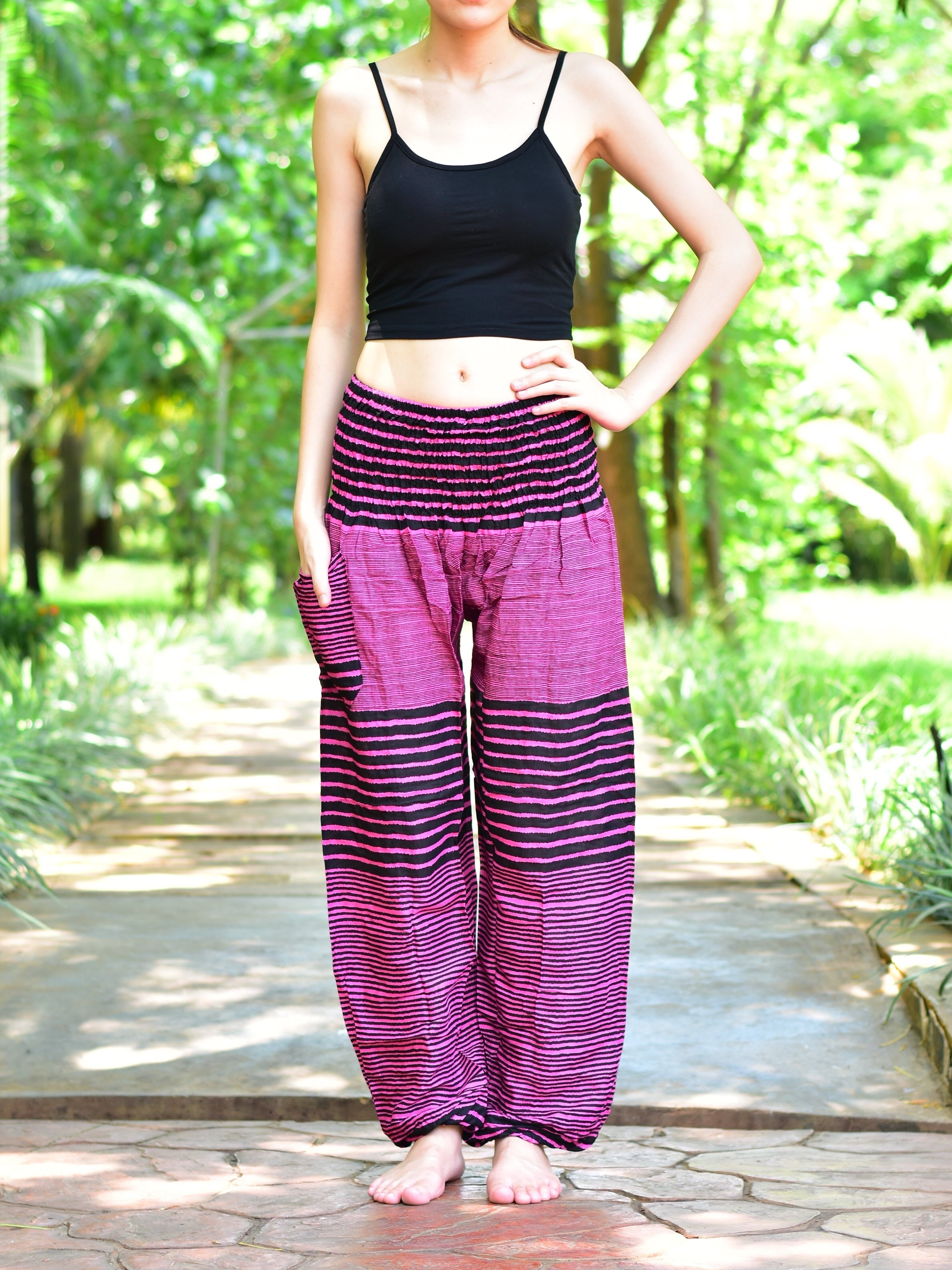 Bohotusk Pink Patch Stripe Print Elasticated Smocked Waist Womens Harem Pants , Small / Medium (Size 8 - 12)