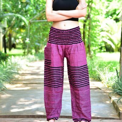 Bohotusk Pink Patch Stripe Print Elástico Smocked Cintura Mujer Harem Pantalones, Grande / X-Large (Talla 14 - 16)