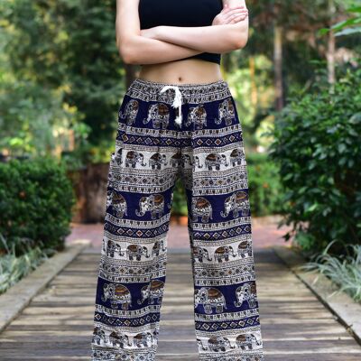 Bohotusk Azul Marino Elefante Savannah Print Mujeres Harem Pantalones Lazo Cintura, Pequeño / Mediano (Talla 8 - 12)