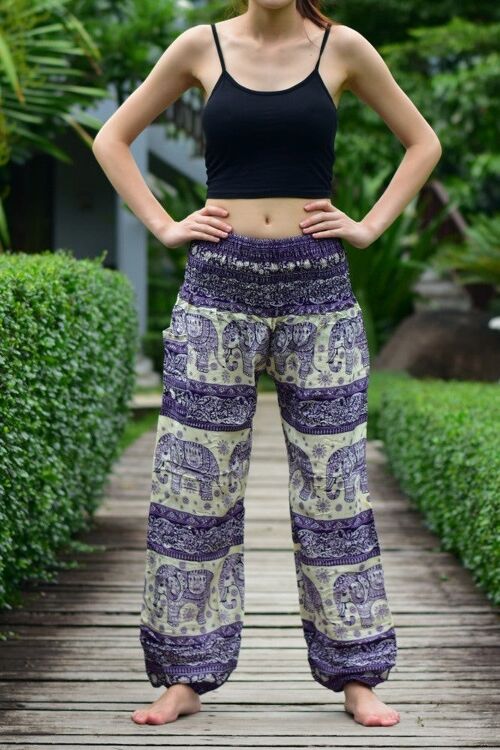 Bohotusk Purple Elephant Herd Print Womens Harem Pants Cord Tie Waist , Small / Medium (Size 8 - 12)