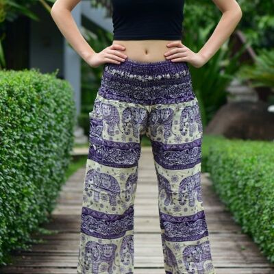 Bohotusk Purple Elephant Herd Print Womens Harem Pantalones Cord Tie Waist, Small / Medium (Talla 8 - 12)