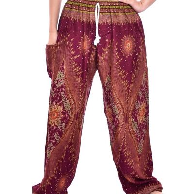 Bohotusk Maroon Moonshine Print Womens Harem Pantalones Tie Waist, Large / X-Large (Talla 14 - 16)