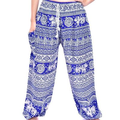 Bohotusk Blue Elephant Calf Print Womens Harem Pantalones Tie Waist, Small / Medium (Talla 8 - 12)