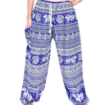 Bohotusk Blue Elephant Calf Print Womens Harem Pantalones Tie Waist, Large / X-Large (Talla 14 - 16)