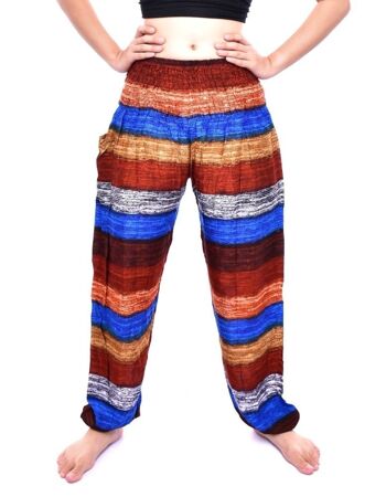 Bohotusk Marron Multi Stripe Print Taille smockée élastiquée Pantalon sarouel pour femme Pantalon de maternité alternatif, taille unique (attente de 20 à 42 pouces) 2