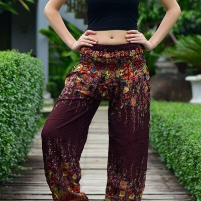 Pantalones harén de mujer con cintura fruncida elástica con estampado floral marrón de Bohotusk, pequeño/mediano (talla 8 - 12)