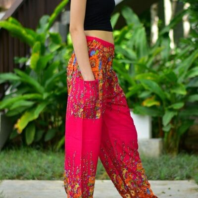 Bohotusk Pantalones harén para mujer con cintura elástica y estampado floral rojo oscuro, pequeño/mediano (talla 8 - 12)