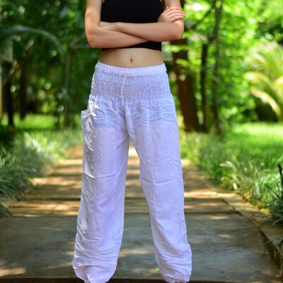 Bohotusk - Pantalones bombachos para mujer, color blanco, lisos, elásticos, con cintura fruncida, talla pequeña/mediana (tallas 8 a 12)