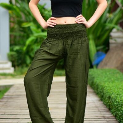 Bohotusk Olive Green Plain Elasticated Smocked Waist Womens Harem Pants , 2XL / 3XL (Size 18 - 20)