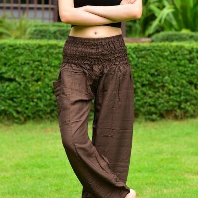 Bohotusk Pantalones harén de mujer con cintura fruncida elástica lisa marrón, grande / extragrande (talla 14 - 16)