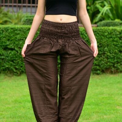 Bohotusk Pantalones harén de mujer con cintura fruncida elástica lisa marrón, 2XL / 3XL (Talla 18 - 20)